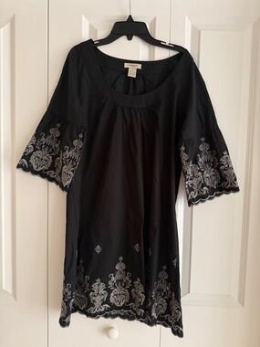 Vertigo Paris Black Embroidered Cotton Boho Mini Dress Scalloped Hem Size S
